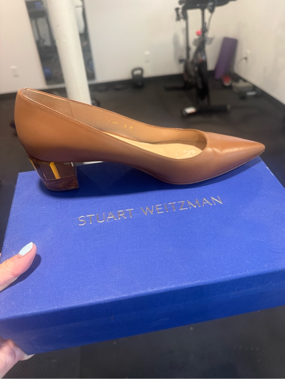 Stuart Weitzman Tan Pointed Leather Low Block Heel with Gold Accent
